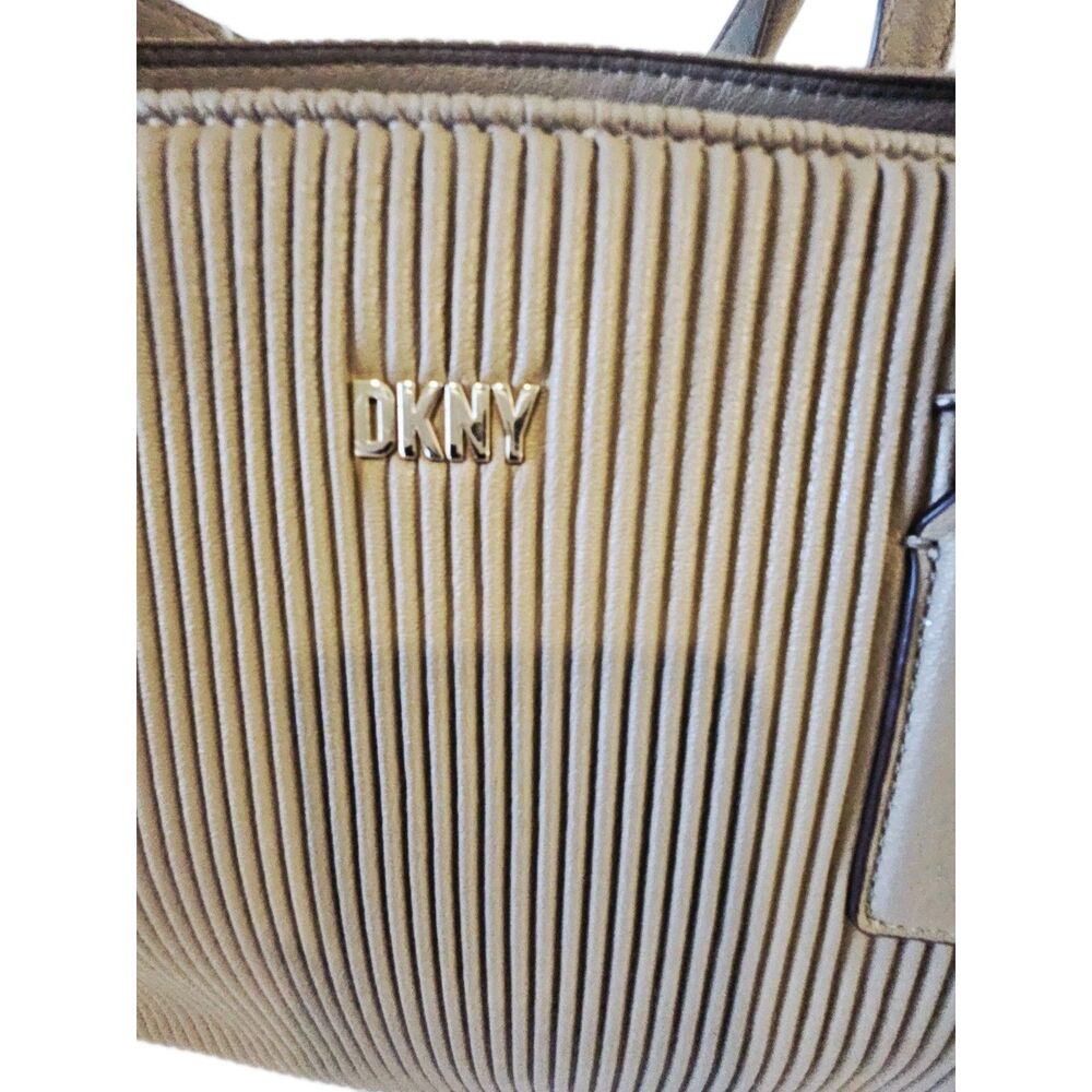 DKNY Beige Striped Faux Leather Large Shoulder Tote Bag